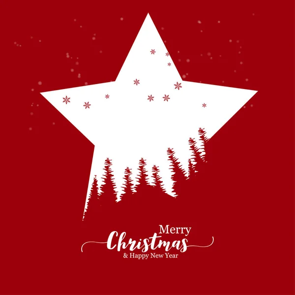 白い星のクリスマスツリーのベクトルデザインとテキストメリークリスマスと幸せな新年 赤い背景 — ストックベクタ