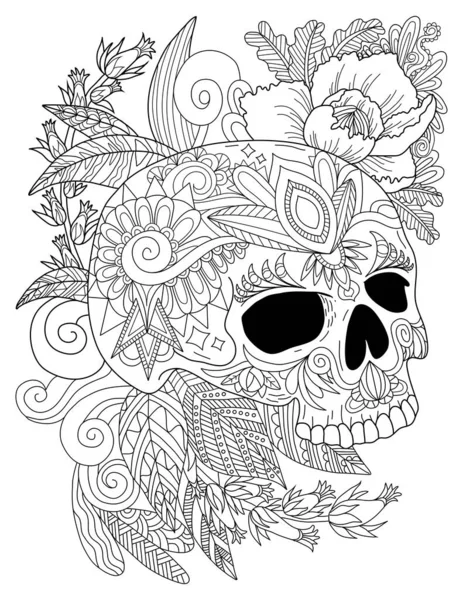 Skull Decorated Flowers Side View Great Coloring Print Tattoo Calavera — Stock Vector