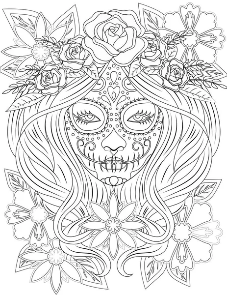 Głowa Kobiety Pokryta Kwiatami Dekoracjami Świetna Kolorowanki Nadruki Halloween Obchody — Wektor stockowy