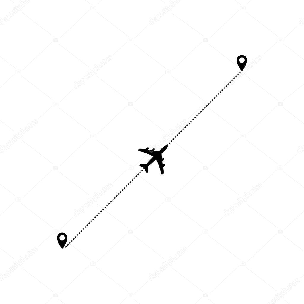 Airplane heart dotted line path of air plane flight route with start point