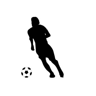 Beyaz arka planda topu olan bir futbolcunun silüeti.