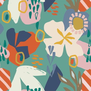 Yeşil arka planda kusursuz, soyut bir çiçek deseni