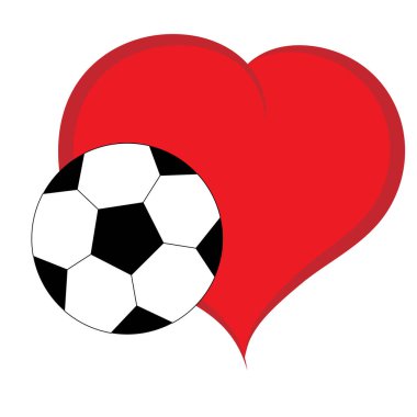 Bir futbol topu ve beyaz arka planda büyük kırmızı bir kalp.