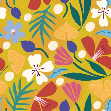 Sarı ve turuncu arka planda kusursuz bir çiçek deseni var.