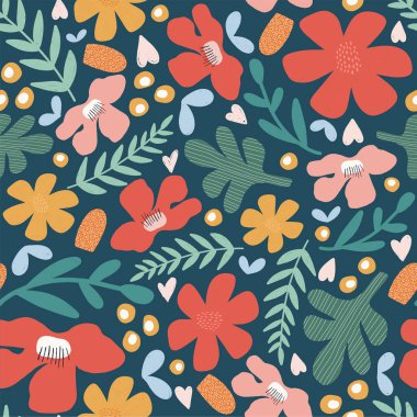 Koyu mavi arkaplanda kusursuz bir çiçek deseni var.