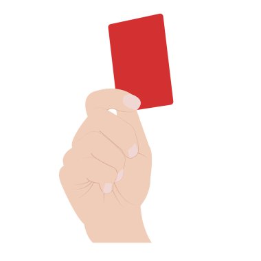 Beyaz arka planda izole edilmiş kırmızı kartı tutan bir elin dikey görüntüsü. Futbol kavramı