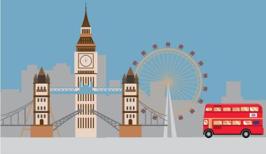 Büyük Ben, Kule Köprüsü, Londra Gözü ve kırmızı otobüsle ilgili bir illüstrasyon.