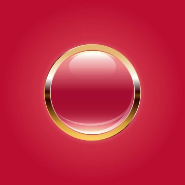 Kırmızı zemin üzerinde altın çerçeveli parlak bir kristal küre, vektör çizimi