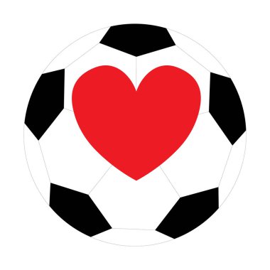 Beyaz arka planda futbol topunun üzerinde kırmızı bir kalp şekli