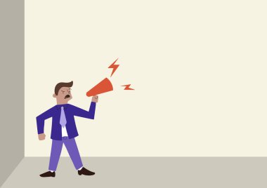 Kızgın bir adam megafonla önemli bir duyuru yapıyor.