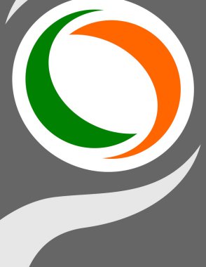 Yaratıcı bir dikdörtgen logo, kıvrımlı çizgiler ve ortasında turuncu ve yeşil renkli bir daire.