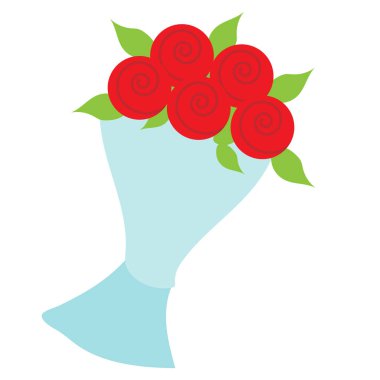 Beyaz arka planda mavi kağıda sarılı kırmızı gül buketinin basit simgesi