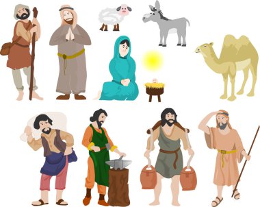 Noel İsa 'nın doğumu sahnesi için bir grup çoban ve figürün vektör çizimi.