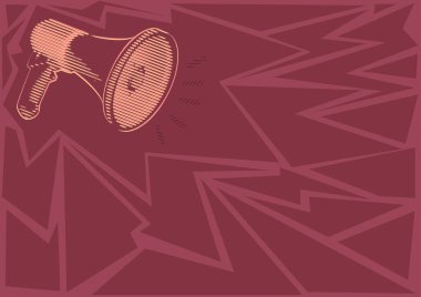 Kırmızı arkaplan ve fotokopi alanı olan bir hoparlör, sol üst köşede - duyuru konsepti