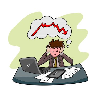 Çalışma masasının yanındaki kızgın çizgi film karakteri - başarısız yönetici