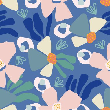 Mavi arka planda kusursuz, soyut bir çiçek deseni.