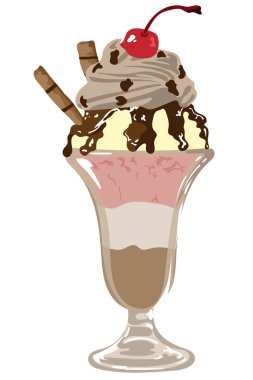 Lezzetli çilek, vanilya ve vişne soslu çikolatalı dondurma, yaz mevsimi için uygun.