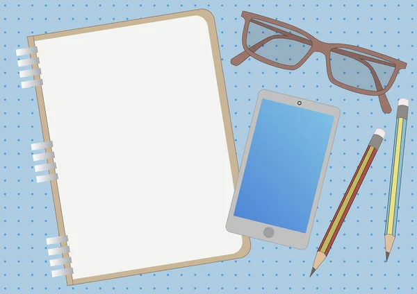 Una Vista Superior Cuaderno Con Teléfono Móvil Anteojos Dos Lápices — Vector de stock