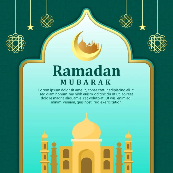 Flat Ramadan Mubarak Banner Mosque Crescent — Stock Vector