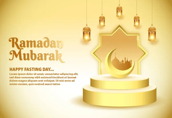 Uno Striscione Realistico Del Ramadan Mubarak Con Mezzaluna Podio Lanterne — Vettoriale Stock