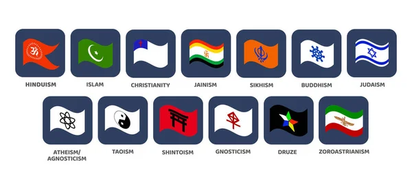 Minden Vallási Zászló Ikonok Fehér Alapon Írott Nevek — Stock Vector