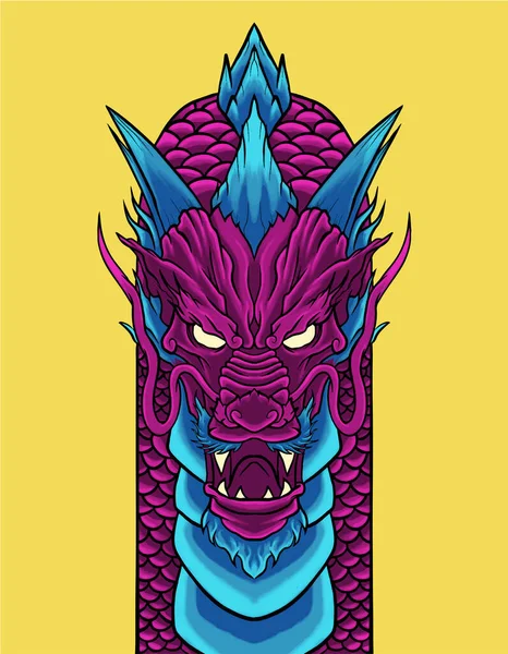 Una Ilustración Dragón Enojado Púrpura Azul Con Fondo Amarillo — Vector de stock