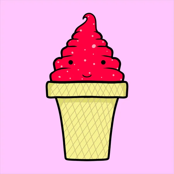 Illustration Cône Crème Glacée Gaufre Fraise Avec Emoji — Image vectorielle