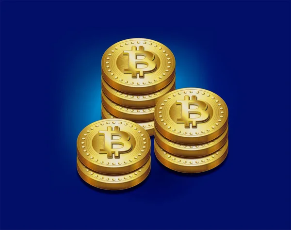 Vetor Das Grandes Moedas Criptomoeda Bitcoin Douradas Isoladas Fundo Azul —  Vetores de Stock