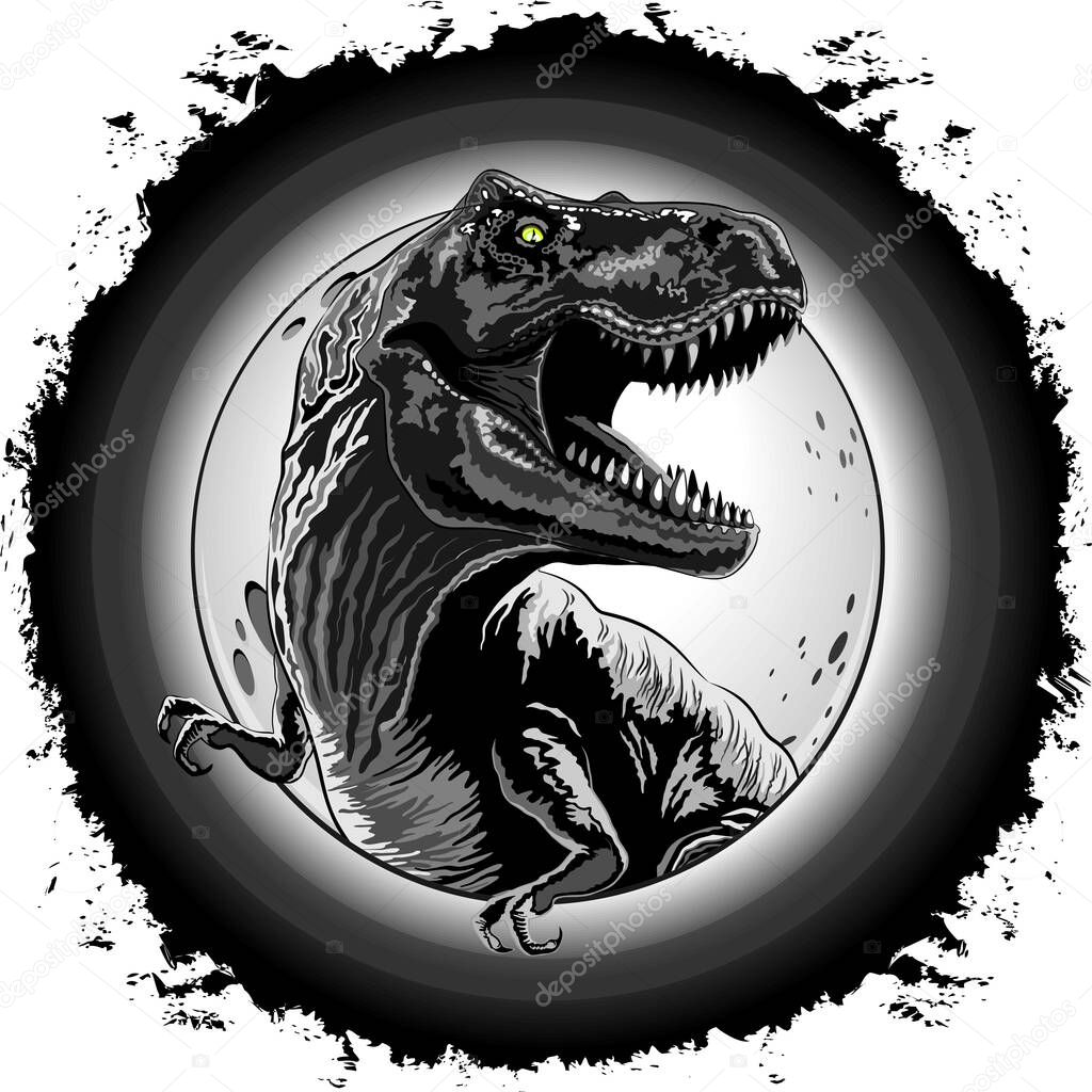 T-Rex aka Tyrannosaurus Rex Dinosaur black and white growling fierce Jurassic Reptile Original Copyrighted Vector graphic a Illustration.