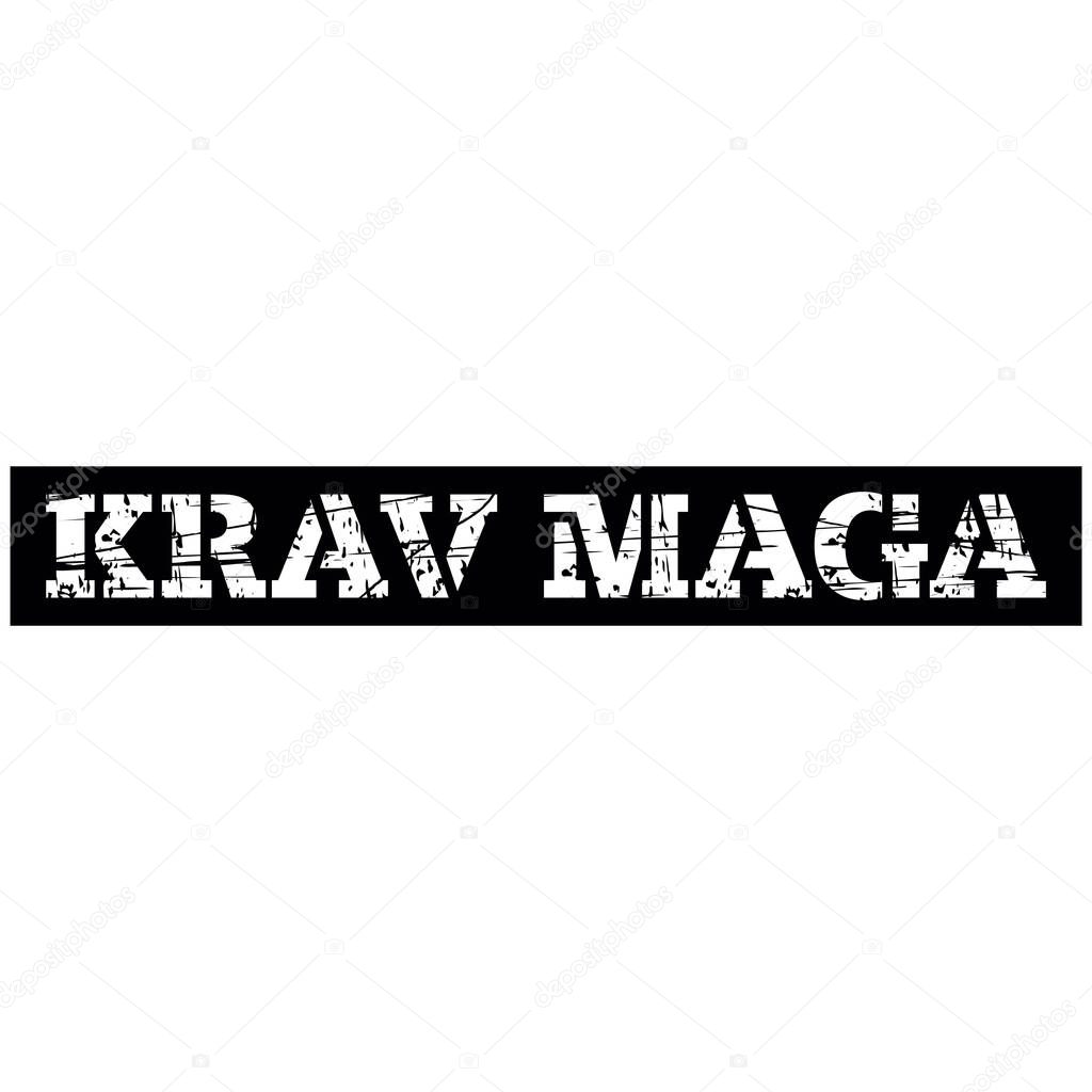 KRAV MAlettering with white partially striped color on a black background. Black and white sign