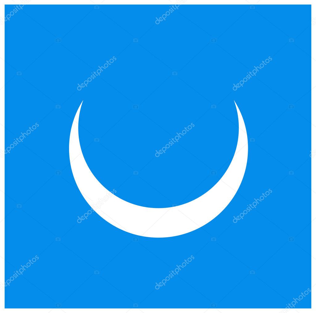 An upside down crescent shaped white icon isolated with blue background.