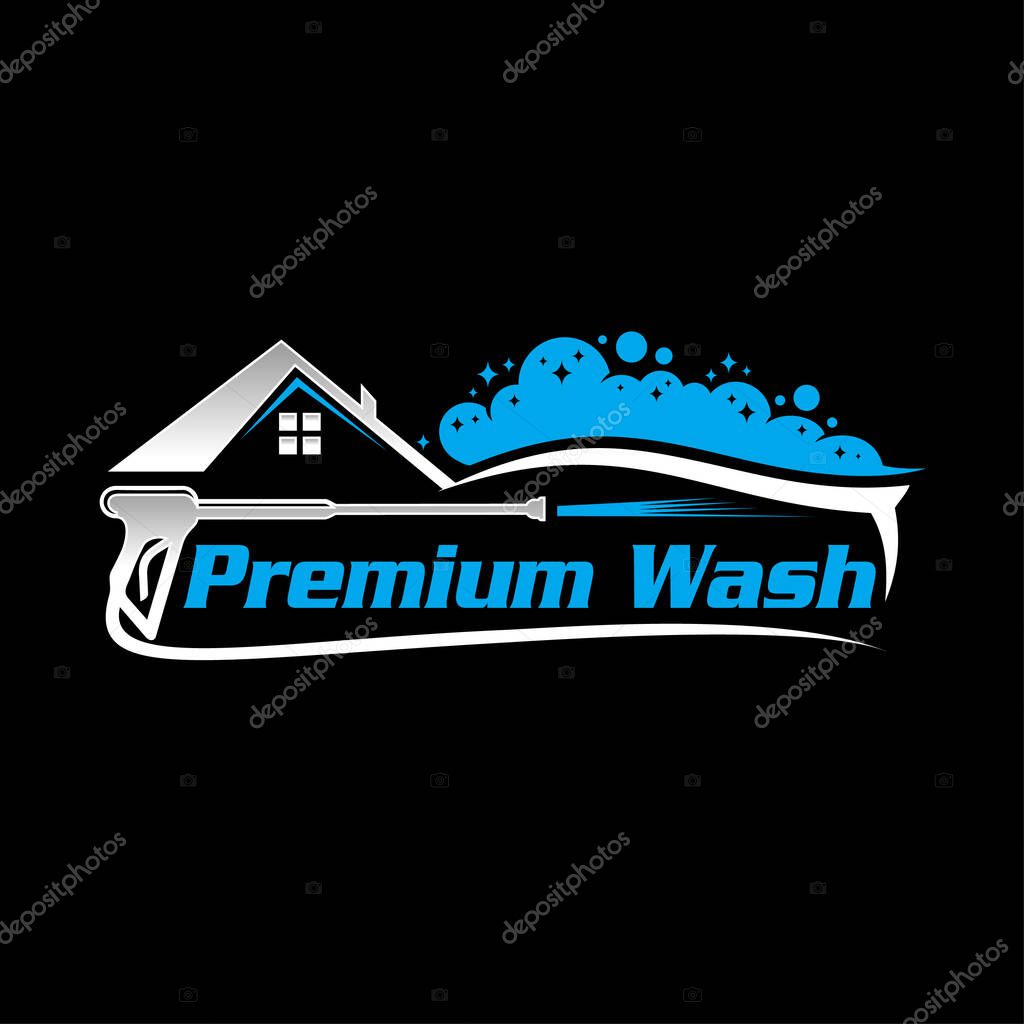 The blue and silver carwash service company logo with house and car signs
