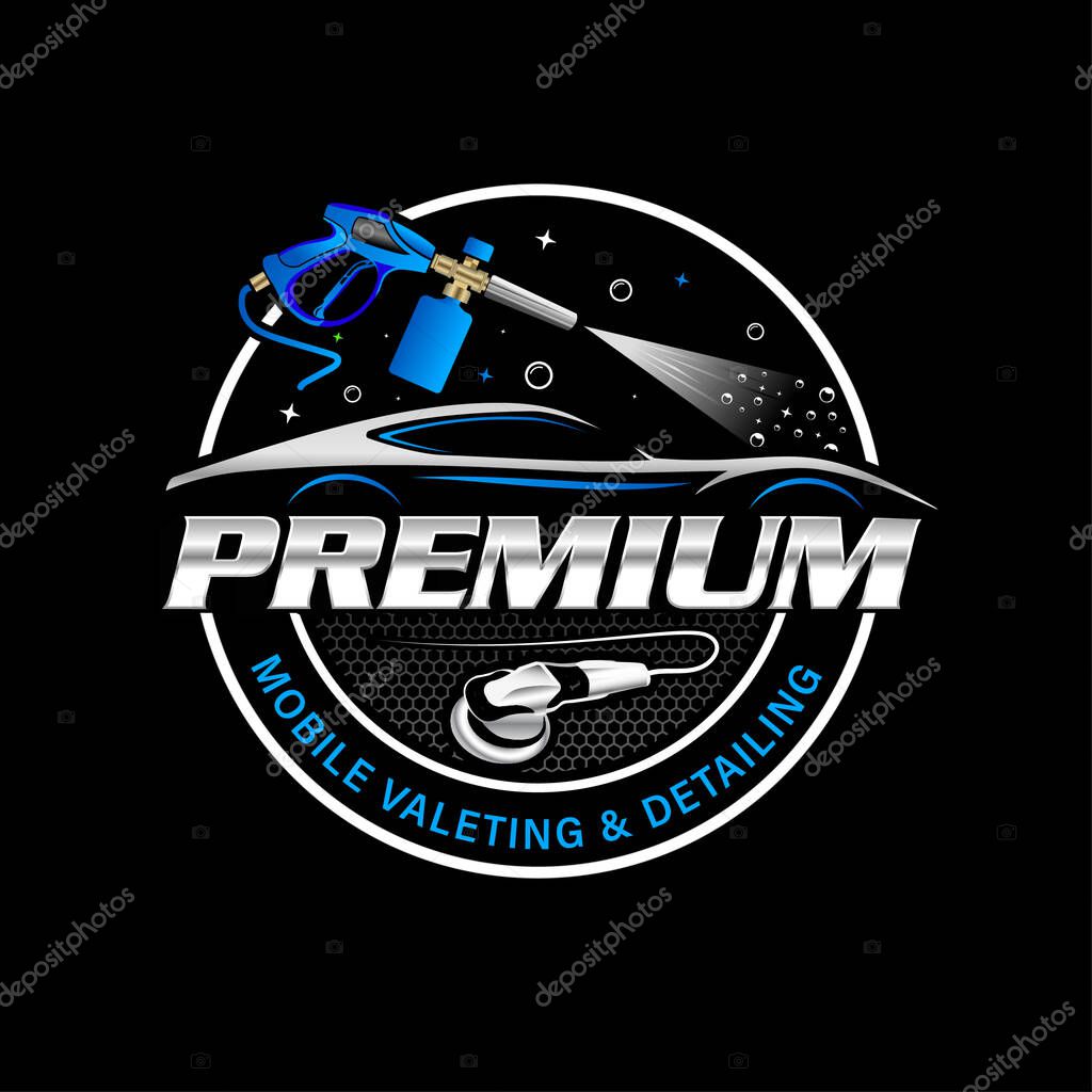 The blue and silver mobile valeting and detailing service company circular logo