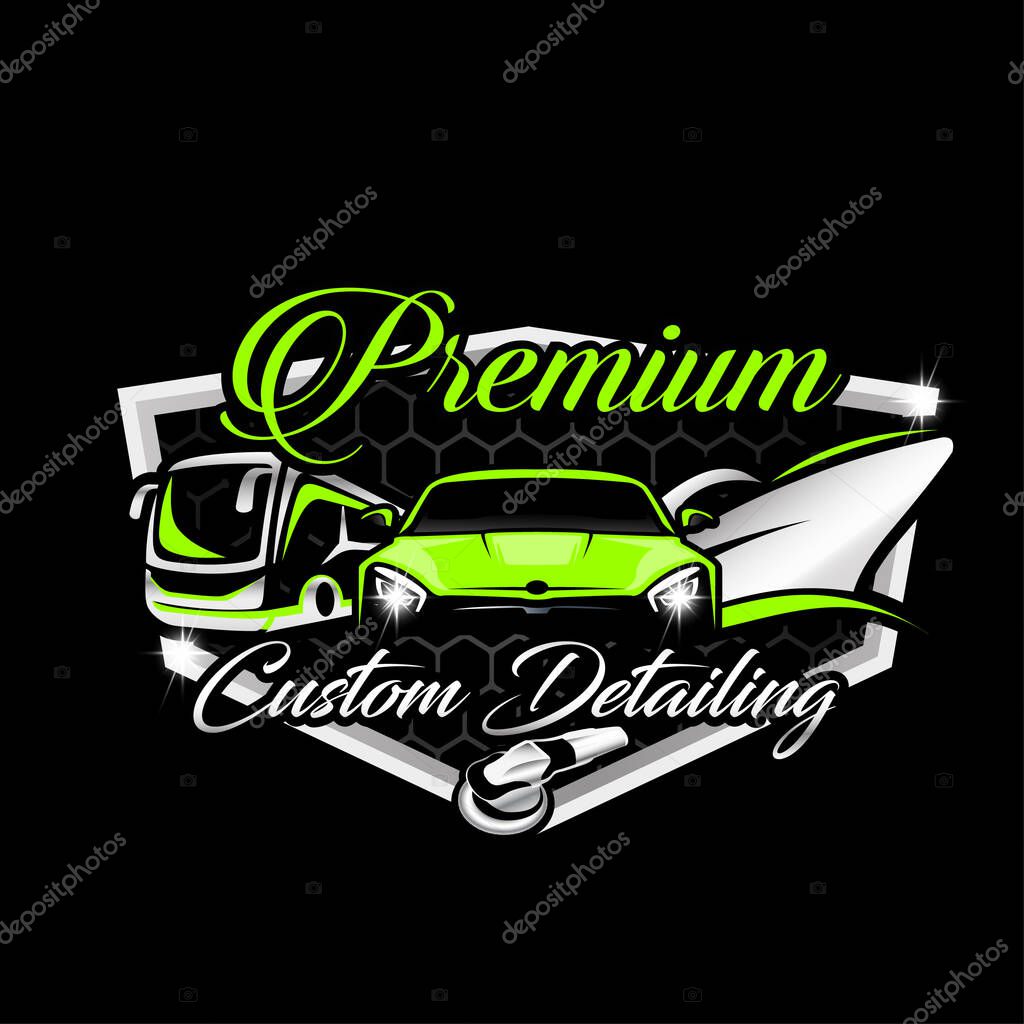 The green and silver car custom detailing service company logo with vehicle signs