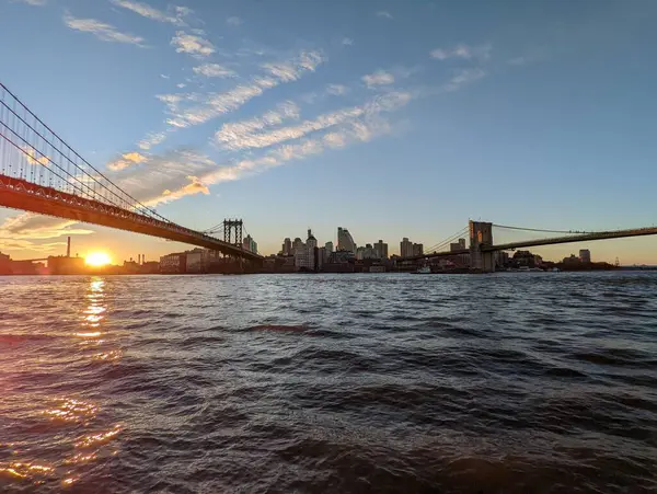 Paysage Pont Brooklyn Coucher Soleil Reliant Brooklyn Manhattan Nyc États — Photo