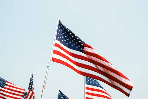 Amerikanska Flaggorna Ett Fält Molnfri Dag — Stockfoto