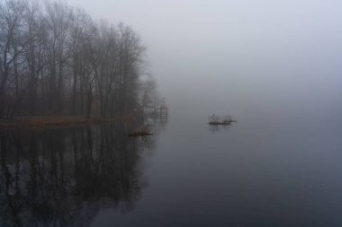 Suyun üzerinde ağaçların yansımasıyla oluşan yoğun bir sis.
