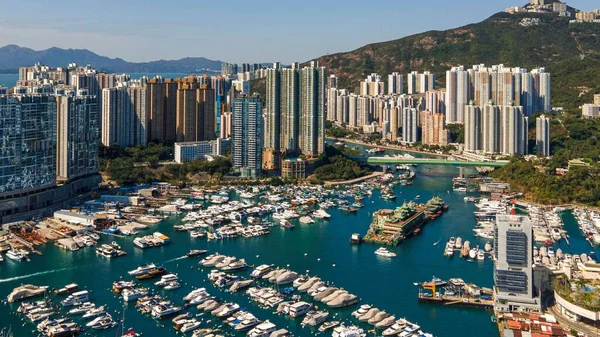 Aerial View Boats Moored Port Jumbo Floating Restaurant Skyscrapers Hong — Stock Photo, Image