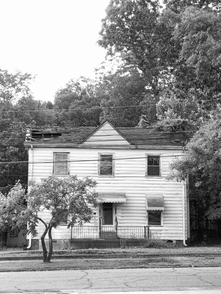Vertical Grayscale Shot Old Wooden House Surrounded Lush Trees — Stock Photo, Image