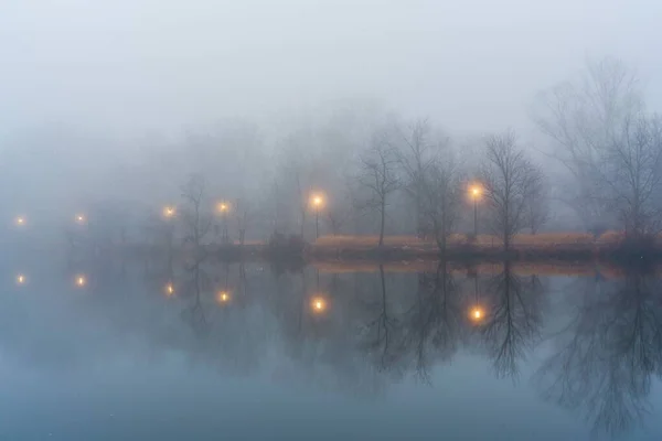 Brouillard Épais Sur Eau Avec Reflet Des Arbres Des Lampadaires — Photo