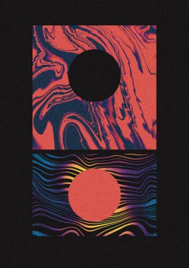 Geçmişe Dönen Uzay Nostaljisi Sıvı Mermer Soyut Sanat Yin ve Yang Moon ve Kırmızı siyah ve eğimli Güneş simetrik manzarası