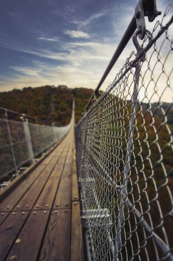 Almanya 'nın Sosberg kentindeki Geierlay Askı Köprüsü' nün metal korkuluklarının dikey çekimi.