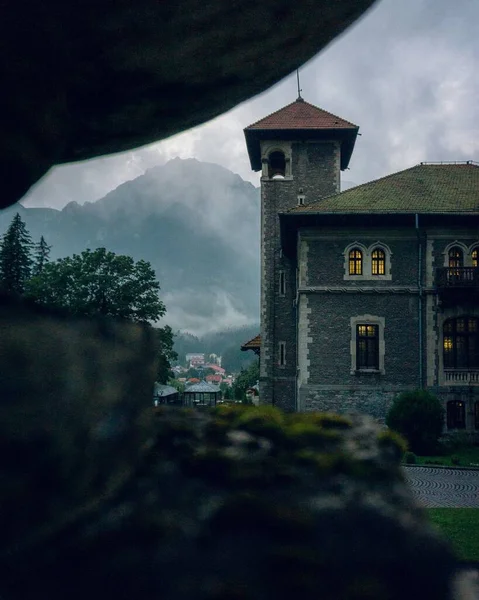 Plan Vertical Château Cantacuzino Avec Des Rochers Premier Plan Busteni — Photo