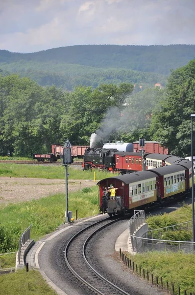 Disparo Vertical Una Locomotora Vapor Con Viejos Vagones Harzer Schmalspurbahnen — Foto de Stock