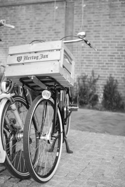 Plano Vertical Escala Grises Una Bicicleta Holandesa Con Caja Madera —  Fotos de Stock