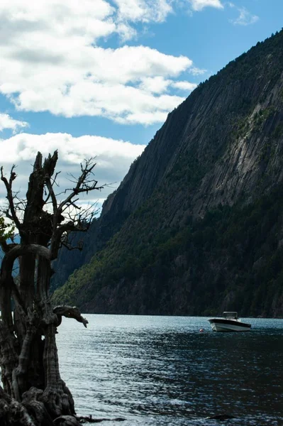Vertikal Bild Båt Som Seglar Sjön Villa Angostura Argentina — Stockfoto
