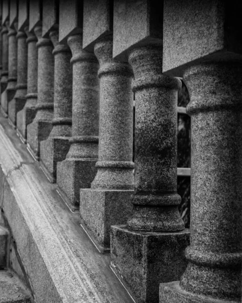 Closeup Old Rusty Stone Handrailings Stairs Greyscale — Stock Photo, Image