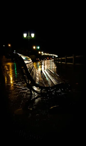 Dramatic Scene Wet Wooden Bench Dark Park Post Rain Vertical — Stock Photo, Image