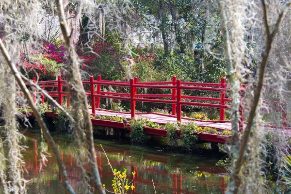 Puente Diseño Rojo Sobre Estanque Rodeado Árboles Vegetación — Foto de Stock