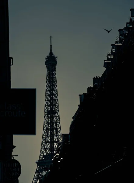 Primer Plano Vertical Torre Eiffel Siluetas Edificios Durante Noche París — Foto de Stock